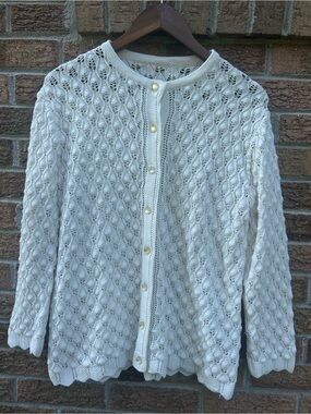 White Cream Cable Knit Button-Front Women's Cardigan 1X see measurements